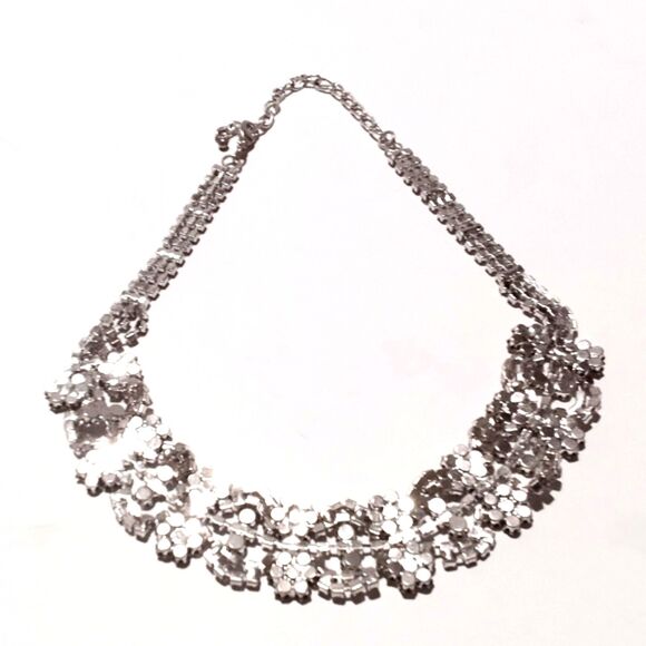 Silver Tone Ornate Prong Set Clear Rhinestone Choker Necklace - Picture 5 of 7